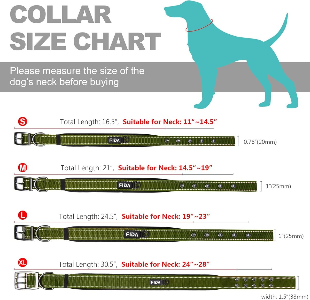 Fida Heavy Duty Dog Collar for Medium Dogs, Ultra Comfortable Soft Neoprene Padded, Adjustable