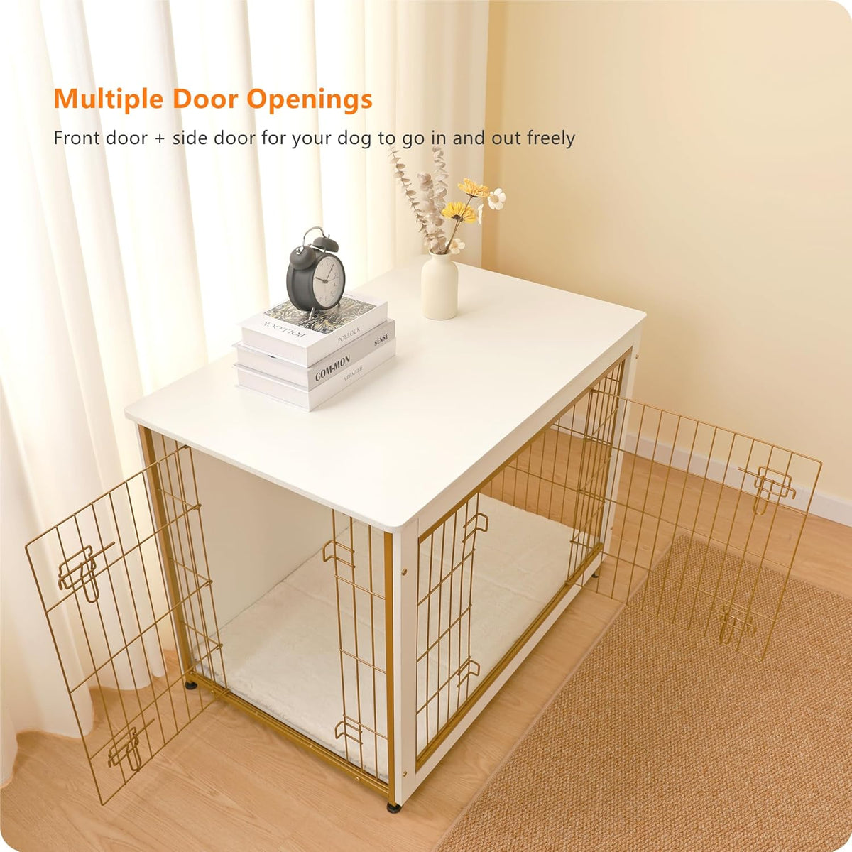 DWANTON Dog Crate Furniture with Cushion, Wooden Kennel Table with Double Doors, Indoor Dog House