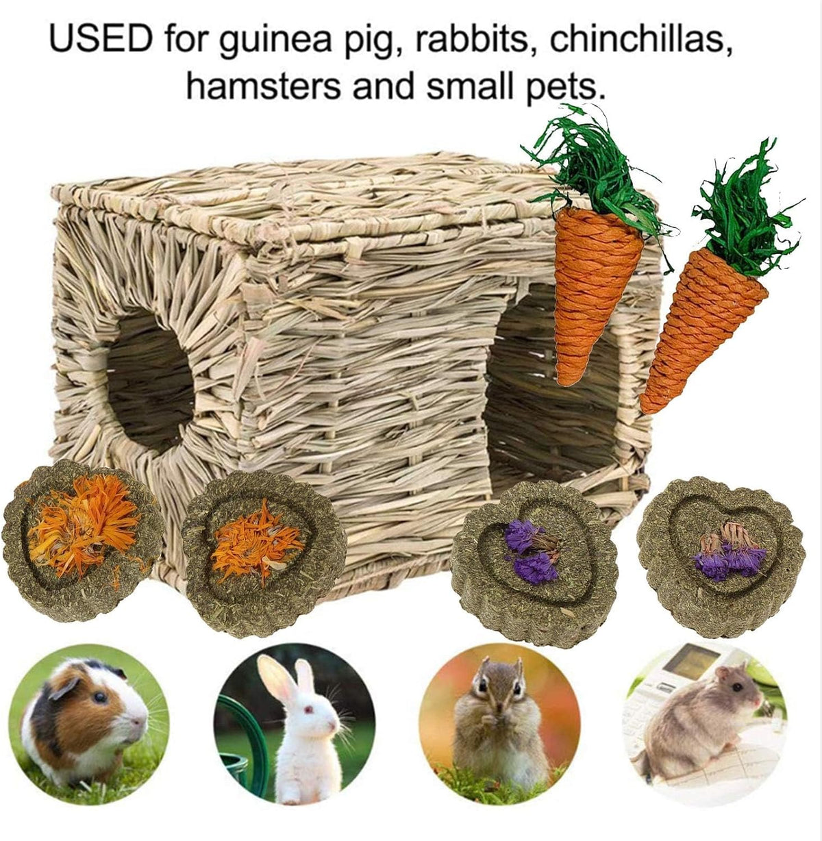 kathson 2 Pcs Large Rabbit Grass House Natural Foldable Hand Woven Seagrass Bed Carrot Hay Toy Hut