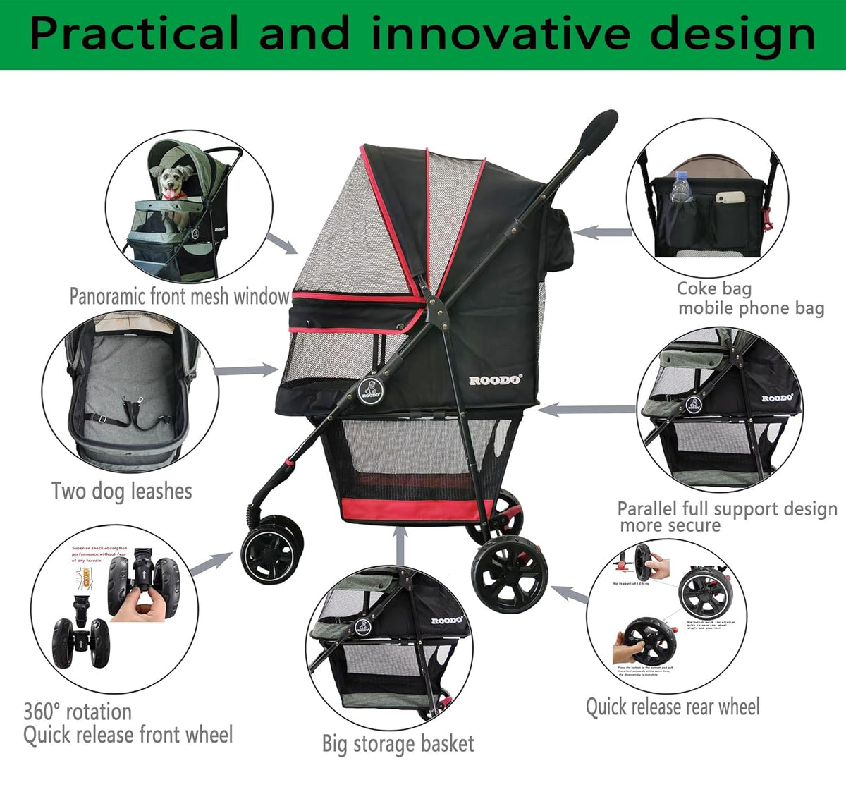 ROODO Escort 3 Wheel Dog Cat Pet Stroller for Small/Medium Dogs Cats Best Lightweight Foldable