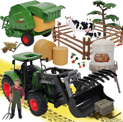 Farm Tractor Toys Set Bale Haying Round Baler with Barn Farmer,Cow,Farm Tools,Tree Farm Tractor Pla