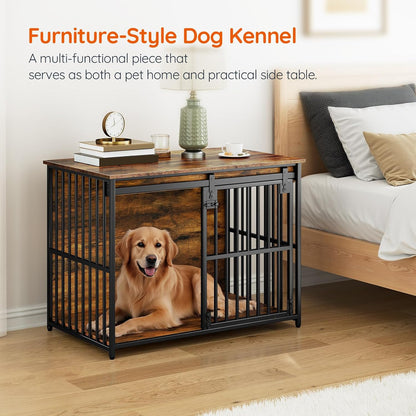 HOOBRO Dog Crate Furniture, 36.6" Heavy Duty Dog Kennel with Sliding Barn Door, Wooden Dog Cage