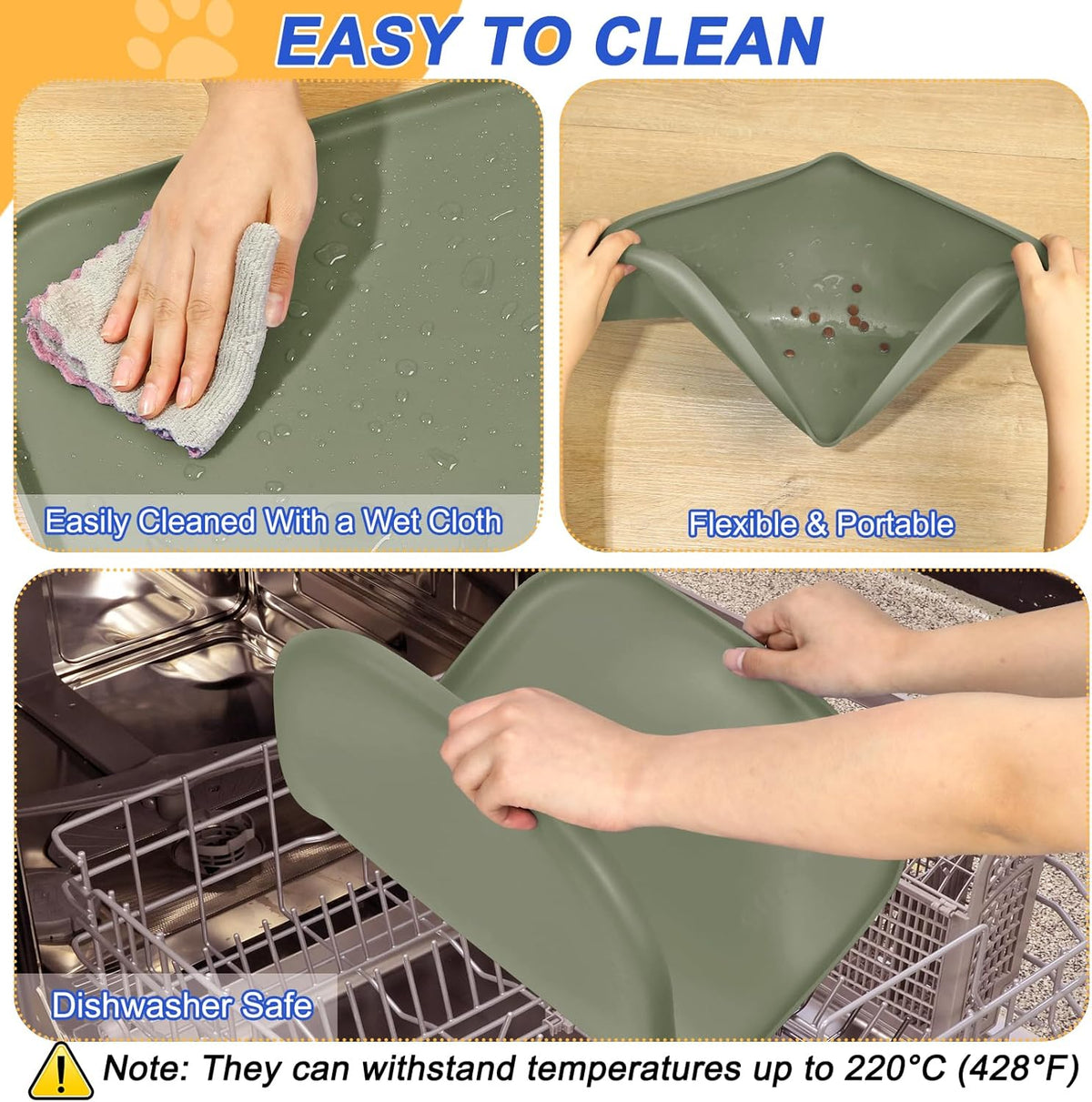 Silicone Pet Feeding Mat with Raised Edge for Food and Water, Dog Bowl Mats, Cat Bowls Placemat