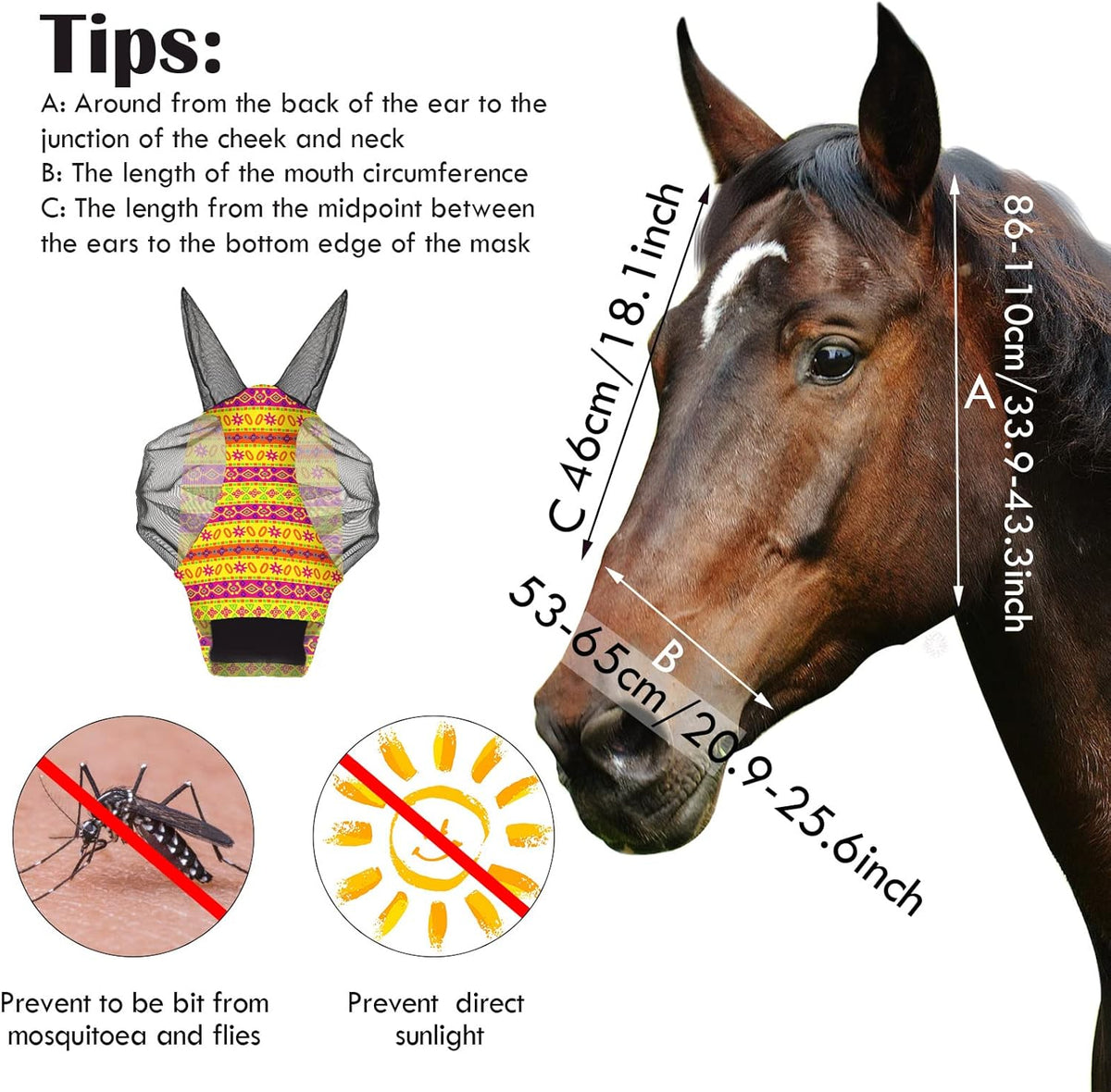 Frienda 4 Pieces Horse Fly Masks with Ears Face Covering UV Protection from Insect Pests Elasticity