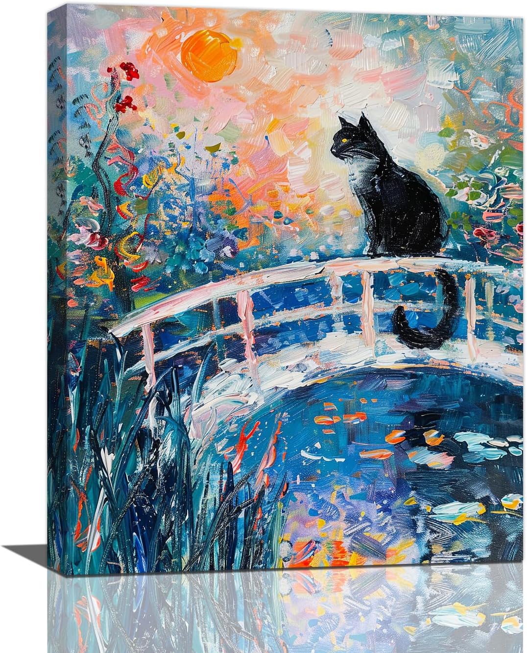 Quorin Black Cat Wall Art Water Lily Sunset Pictures Cat Wall Decor Impressionism Canvas Print