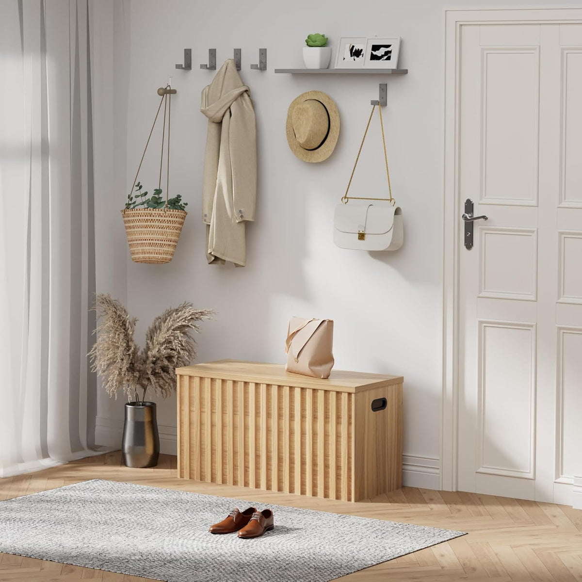 UEV Storage Bench,39.4" Wood Box, Storage Trunk with 2 Safety Hinges, Ottoman Storage Chest, Fluted