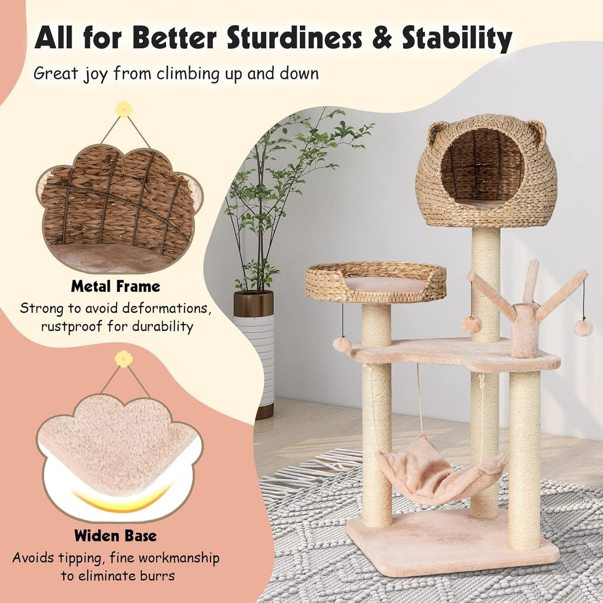 PETSITE Woven Cat Tree, Modern Cat Tower with Hammock & Scratching Posts, Cattail Condo & Top
