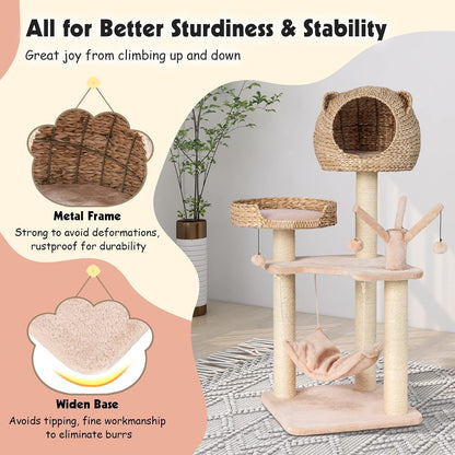PETSITE Woven Cat Tree, Modern Cat Tower with Hammock & Scratching Posts, Cattail Condo & Top