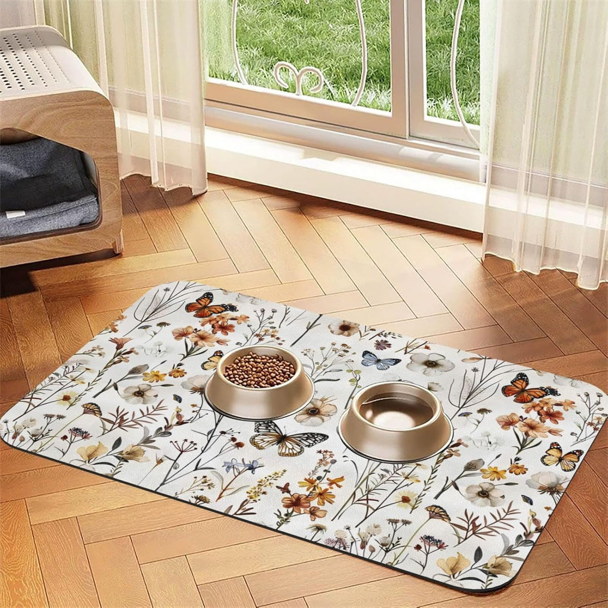 Wildflower Butterfly Dog Food Mat Absorbent Bowl Mats No Stains Quick Dry Waterproof Pet Cat