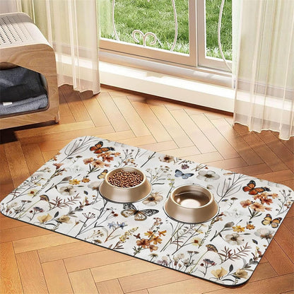 Wildflower Butterfly Dog Food Mat Absorbent Bowl Mats No Stains Quick Dry Waterproof Pet Cat