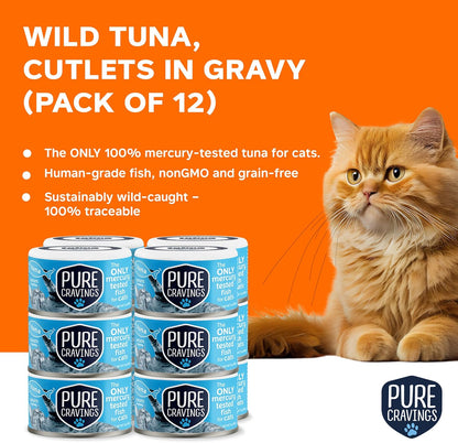 Wet Cat Food Canned Tuna Cutlets in Gravy, 100% Mercury-Tested, Moist Can Fish for Cats