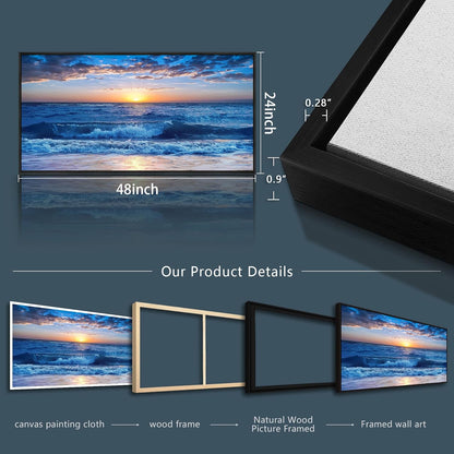 Wapluam Large Canvas Art - Blue Ocean Beach Scene, Sunny Sea View, Wave Wall Pictures, Black Framed