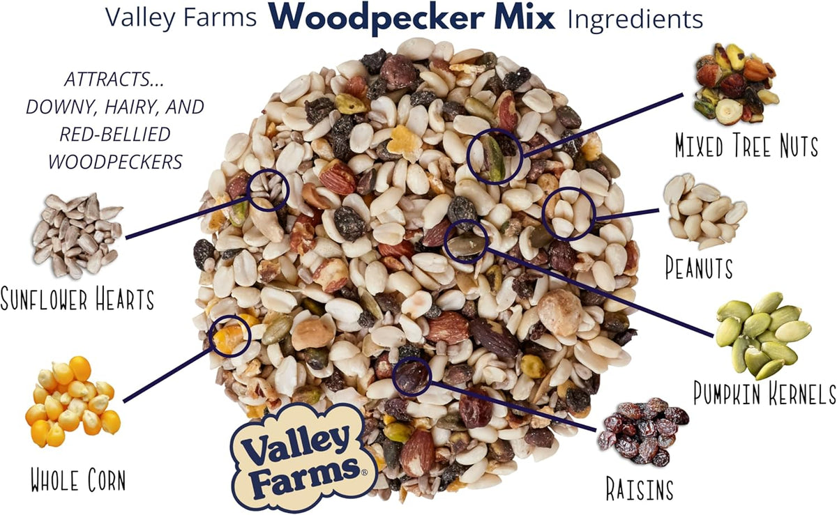 Valley Farms Woodpecker Mix, No Mess Bird Seed for Outdoor Feeders, W/Peanuts and Sunflower Hearts