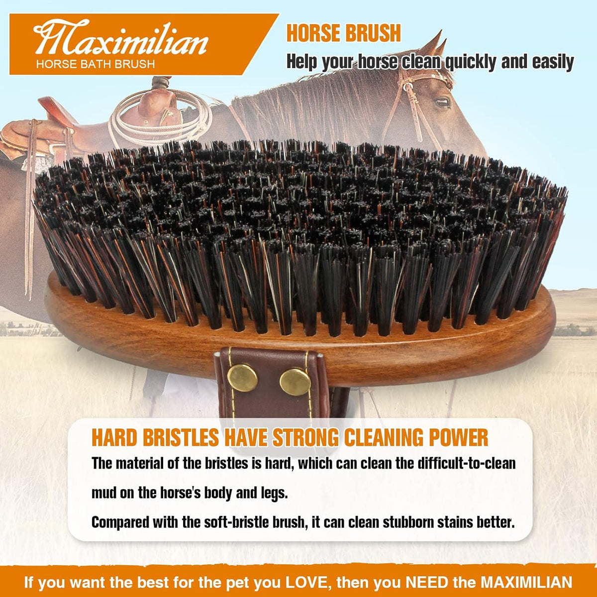 MAXIMILIAN World Class Handmade Equine Stiff Body Horse Brush. Professional Equine Grooming Tools.