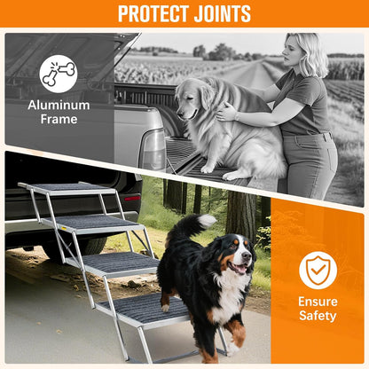 20" Extra Wide Dog Ramp, 4-Step Foldable Pet Stairs with Non-Slip Carpet - Lightweight Aluminum for