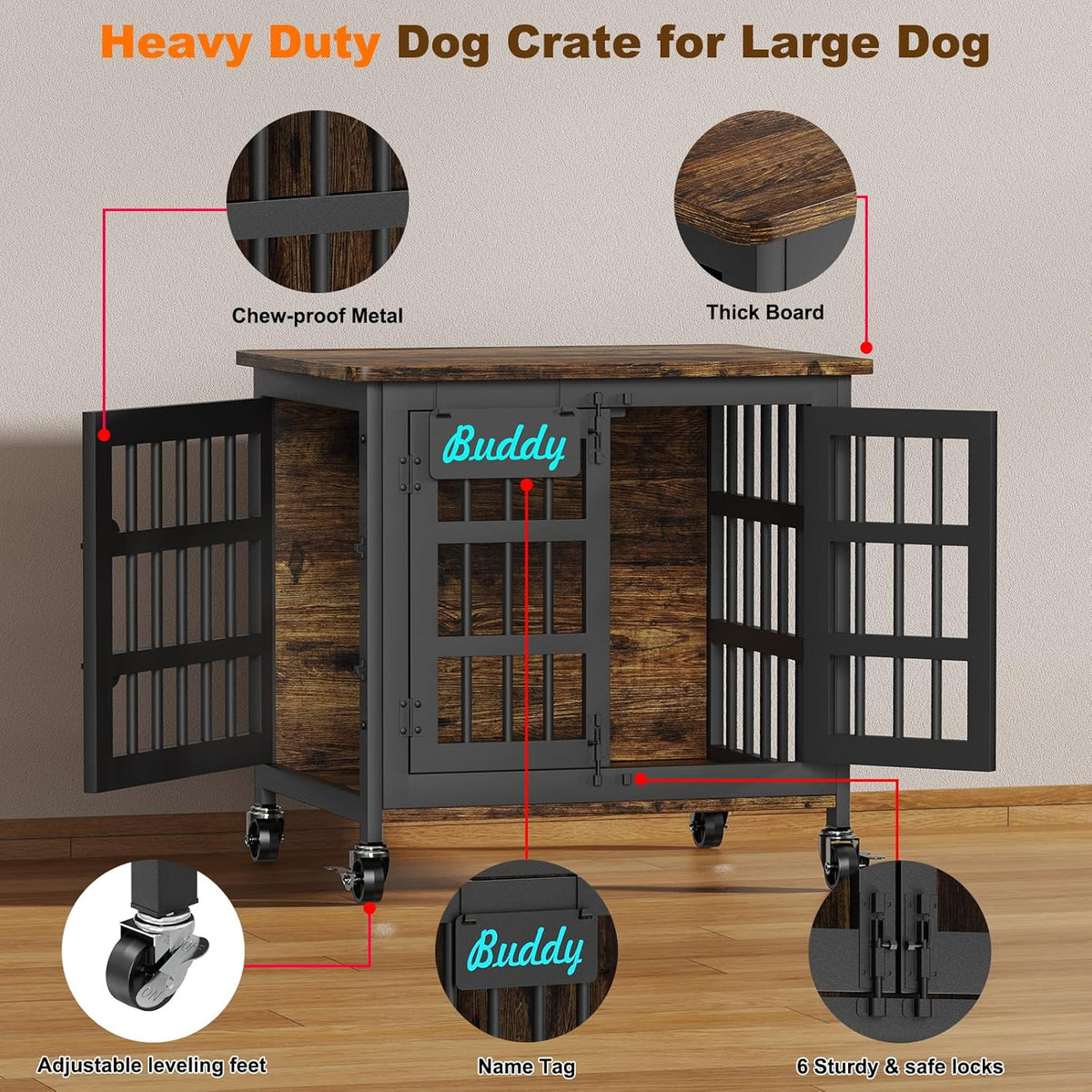 EasyCom Heavy Duty Dog Kennel Indoor with Name Tag, 27" Dog Crate Furniture for Small Dogs