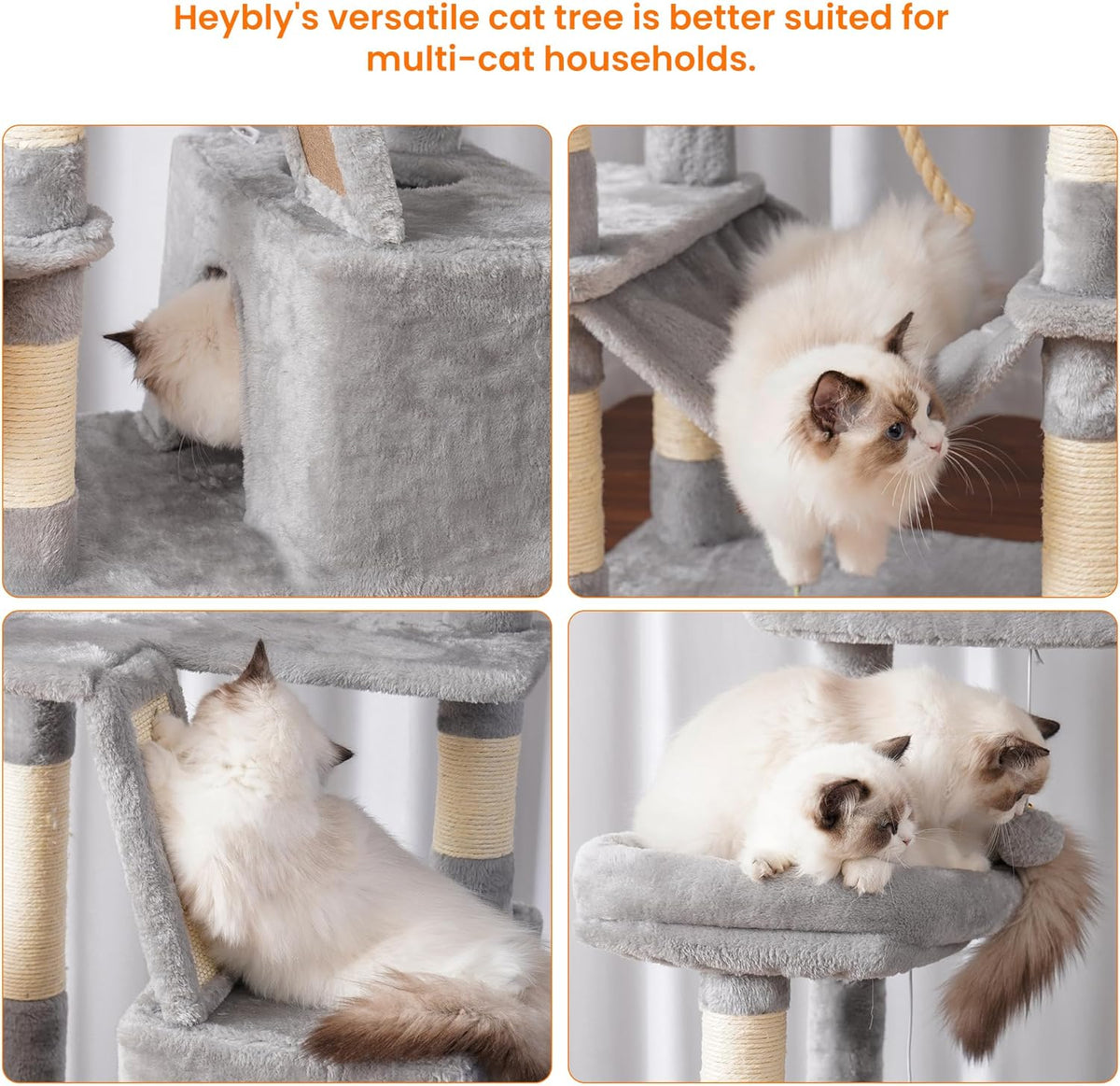 Heybly Cat Tree, 68 inch Multi-Level Cat Tower for Indoor Cats, 2 Widened Plush Perches Cat Condo