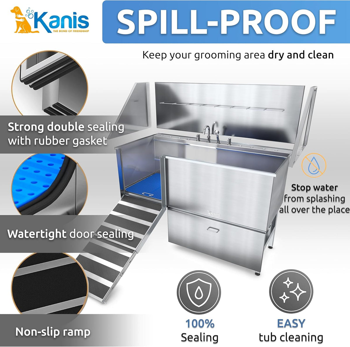 KANIS Professional Dog Washing Station - 304 Stainless Steel Pet Wash Sink & Grooming Bath Tub for