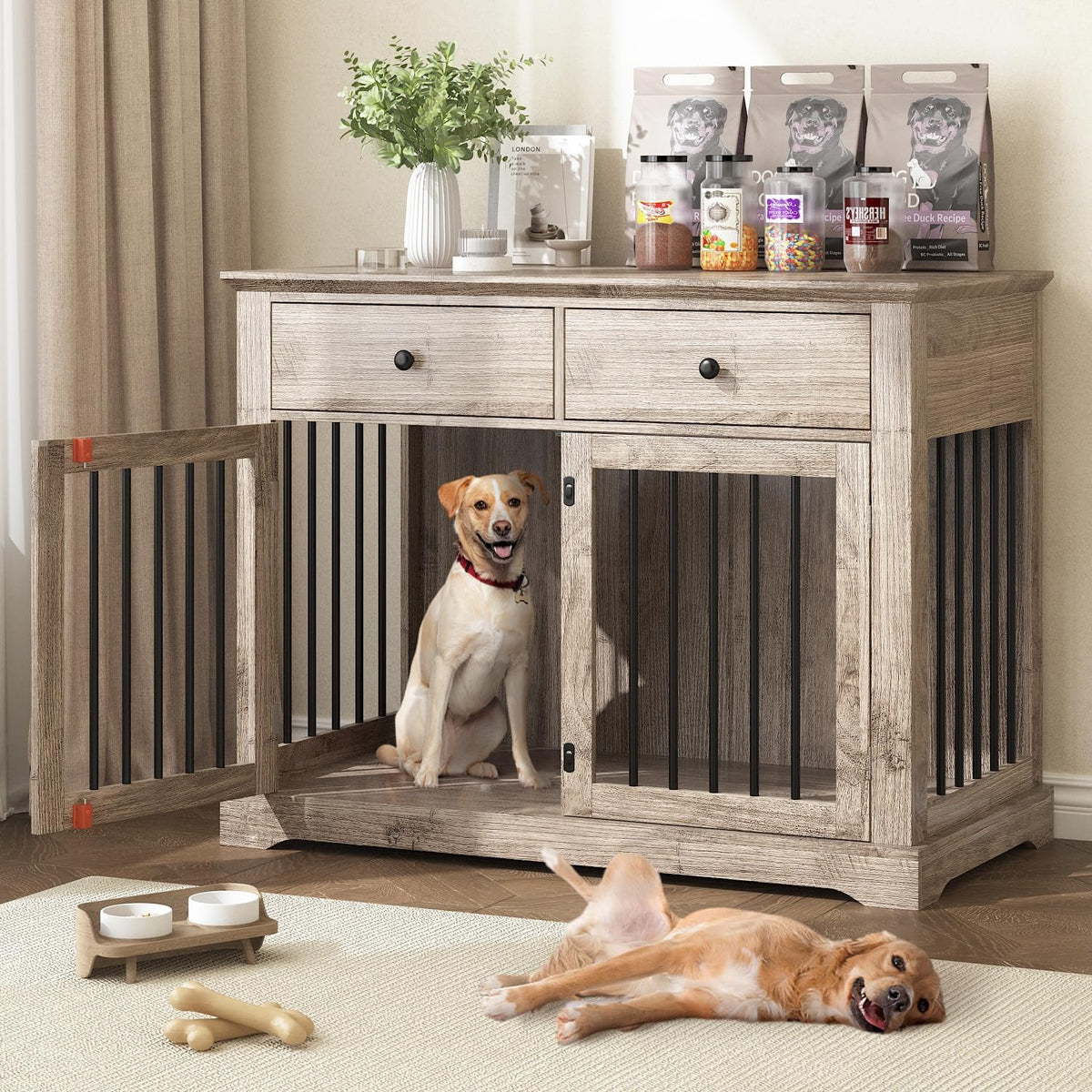 Dog Crate Furniture, 44 Inch Wooden Dog Kennel Indoor with 2 Storage Drawers, Heavy Duty Large