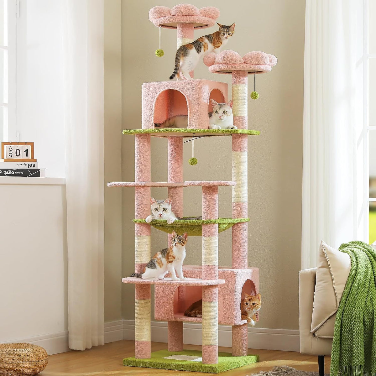 PAWZ Road Flower Cat Tree for Large Cats, 81 Inches Pink Tall Cat Tower with 2 Perches, 2 Condos