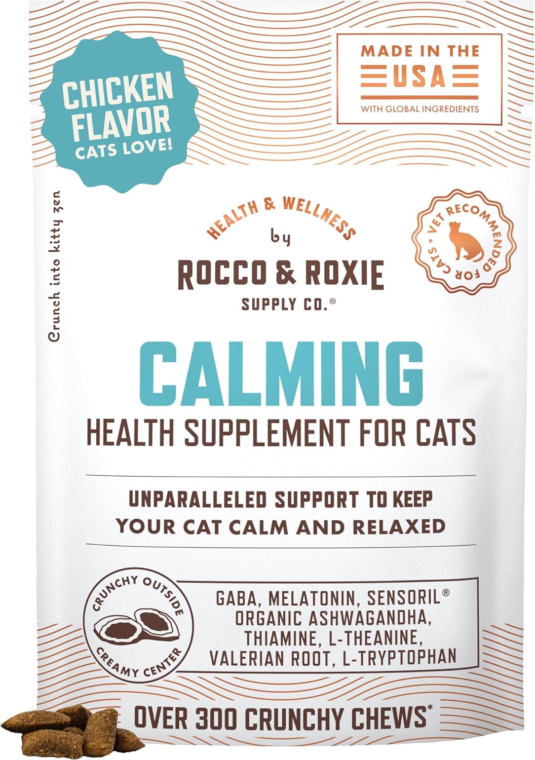 Rocco & Roxie Cat Calming Treats with Melatonin for Cats, Stress and Anxiety Relief, Keep Calm for