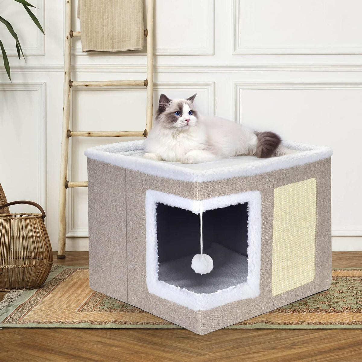 petizer Cat Bed for Indoor Cats, Large Covered Cat House with Scratch Pad, Foldable Cat Cave Bed &