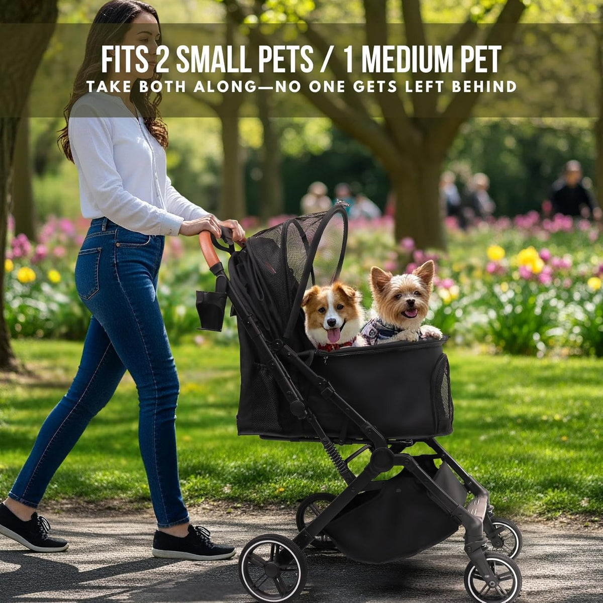 Pet Stroller for Small Medium Dogs Cats Up to 45 lbs, Travel Lite Collapsible, All Terrain 4 Wheels