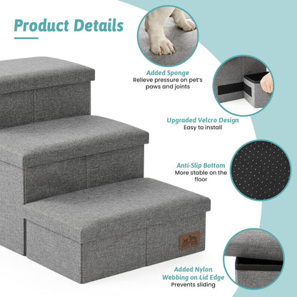 Dog Stairs with Storage, 3-Step Wider Sturdy Dog Steps for Small/Medium/Large Dogs and Older Cats