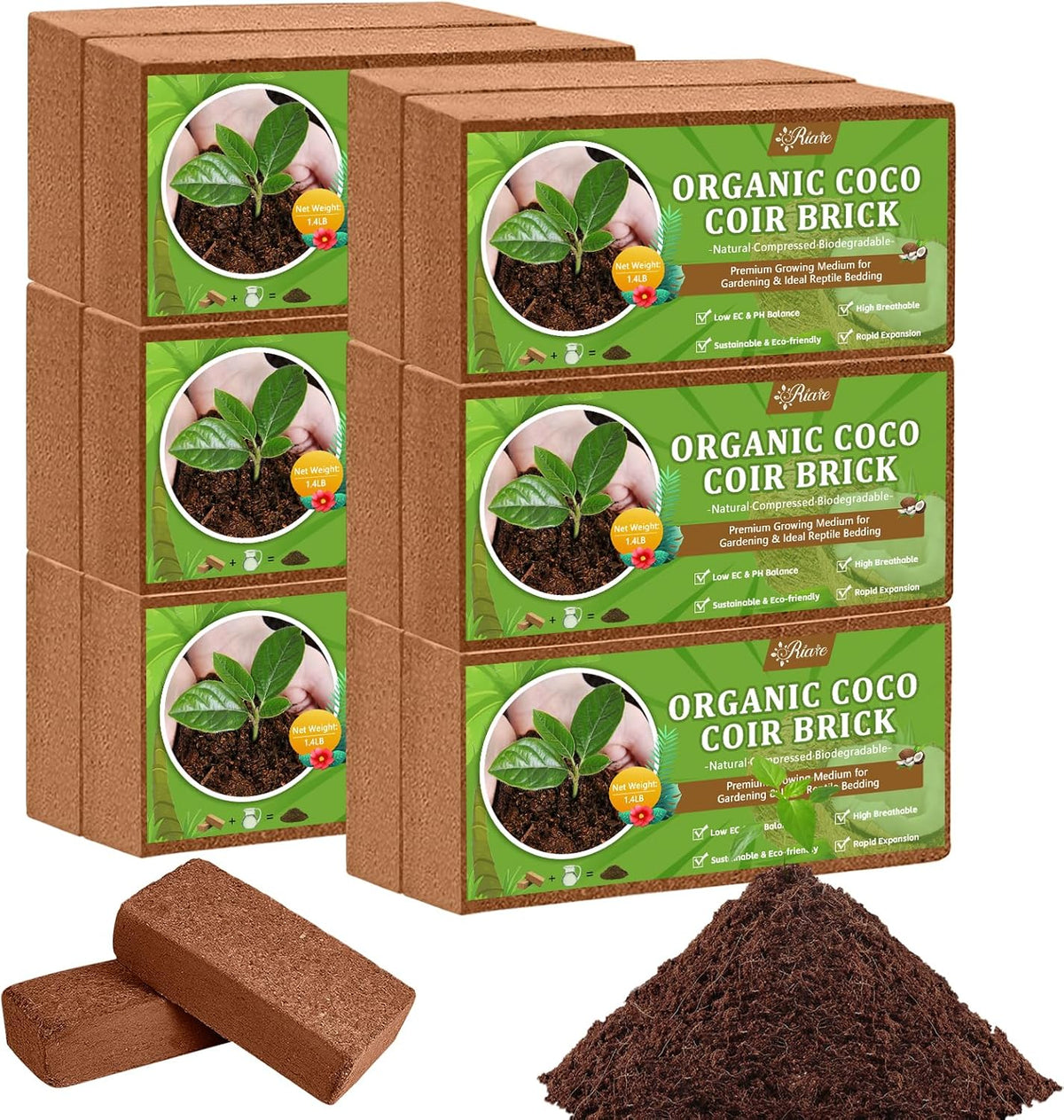Riare 12pcs Organic Coco Coir Bricks Soil Blocks- 100% Natural Compressed Coco Peat Brick Coconut