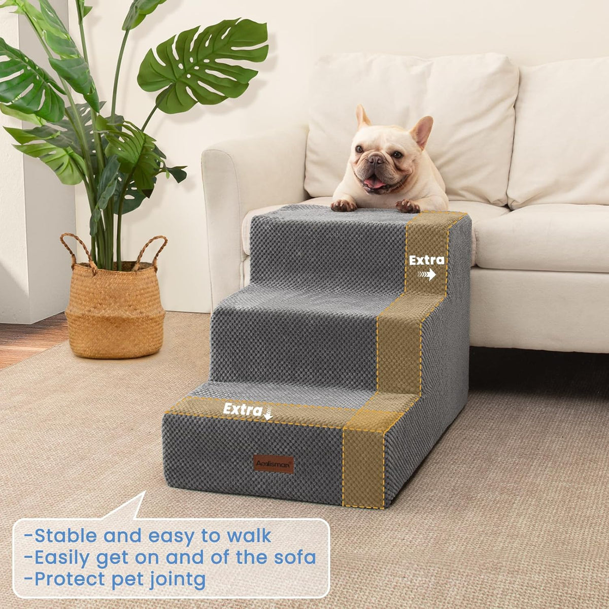 Dog Stairs for Small Dogs & Cats,3-Step Extra Wide Non-Slip Pet Steps for Couch Sofa and