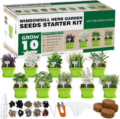 10 Herb Seeds Garden Starter Grow Kit with Green Pots, Markers, Nutritional Soil, Watering, Herb