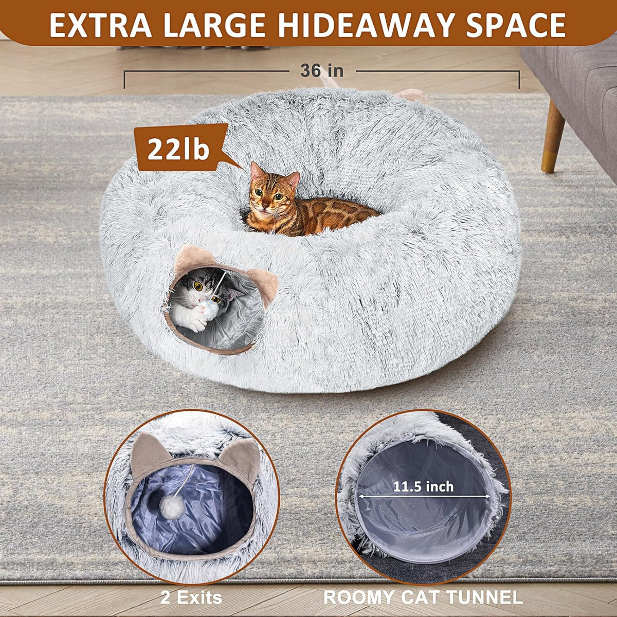 Cat Tunnel with Cat Bed for Indoor Cats, Under Christmas Tree Soft Plush Peekaboo Cat Cave Donut