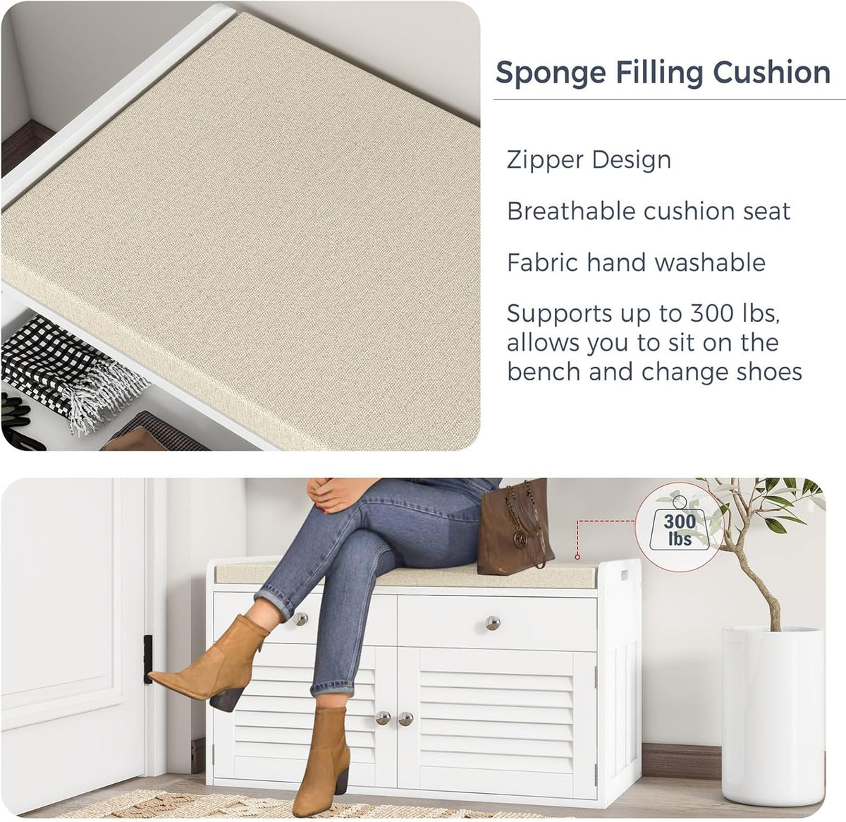 Shoe Storage Bench with 2 Drawers & 2 Doors, Entryway Bench with Cushion, 2 Adjustable Shelves