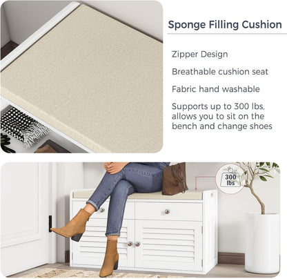 Shoe Storage Bench with 2 Drawers & 2 Doors, Entryway Bench with Cushion, 2 Adjustable Shelves