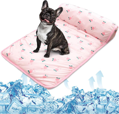 PUMYPOREITY Cooling Dog Bed, Pet Cooling Mat with Pillow, Ice Silk Cooling Dog Blanket, Self