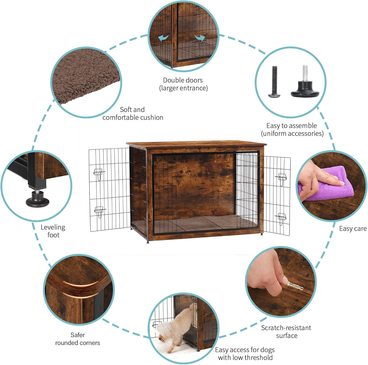 DWANTON Dog Crate Furniture with Cushion, Wooden Kennel Table with Double Doors, Indoor Dog House