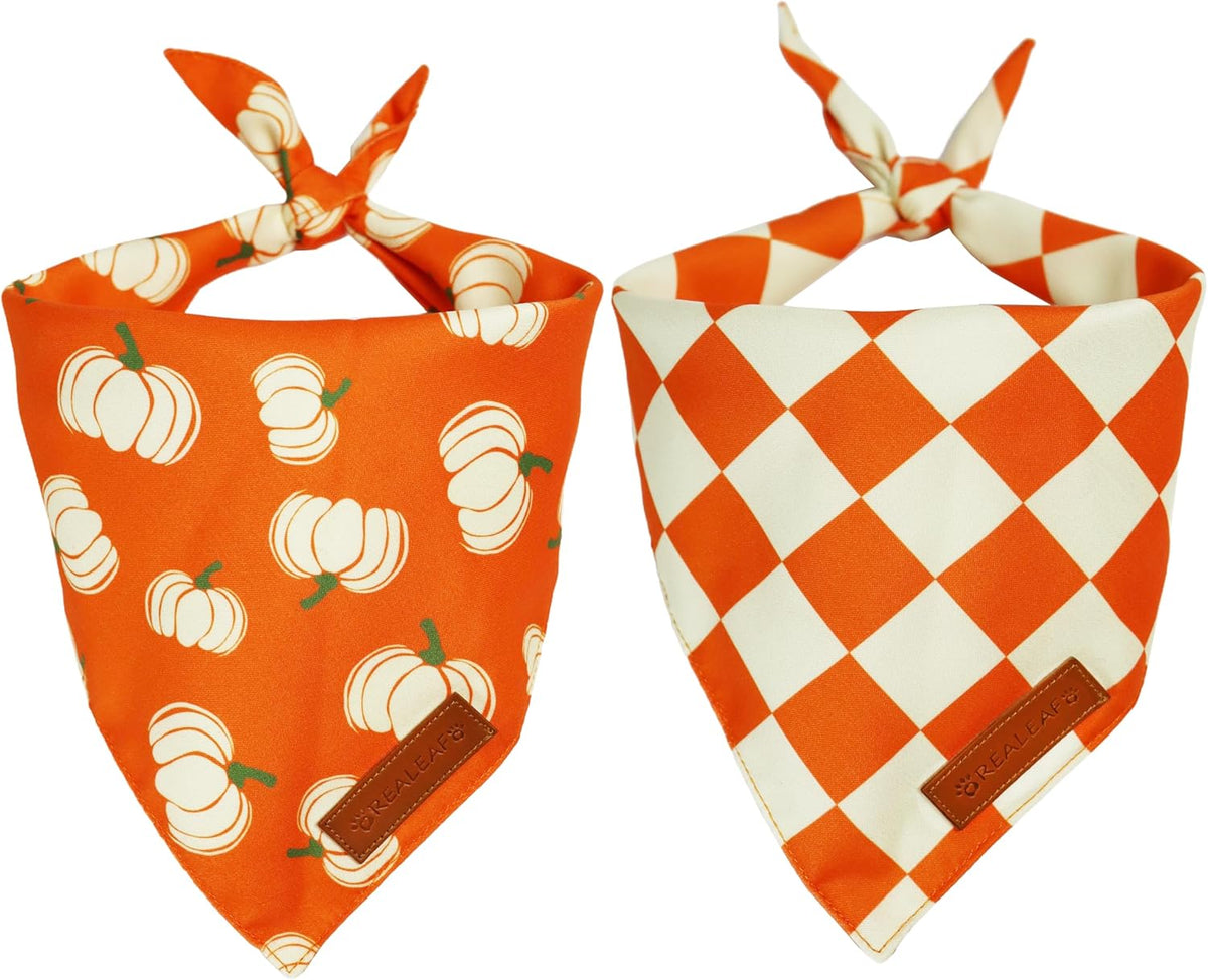 Realeaf Thanksgiving Fall Dog Bandanas 2 Pack, Orange Plaid Pumpkin Pet Scarf for Boy and Girl