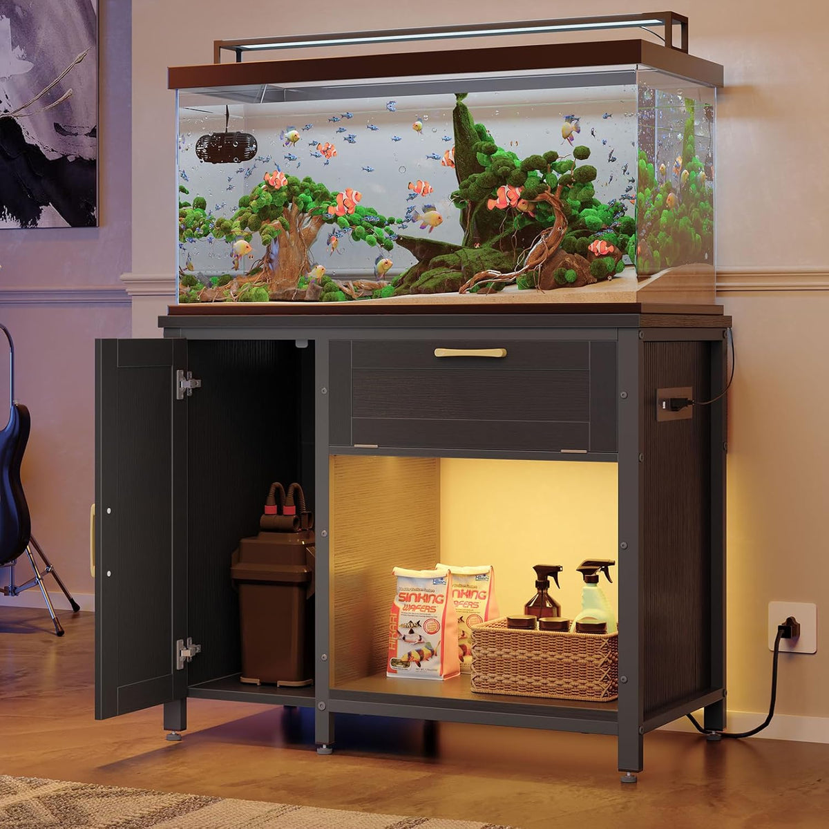 Bestier 40-50 Gallon Fish Tank Stand with Power Outlet&LED Light, 37x18 Heavy-Duty Metal Aquarium