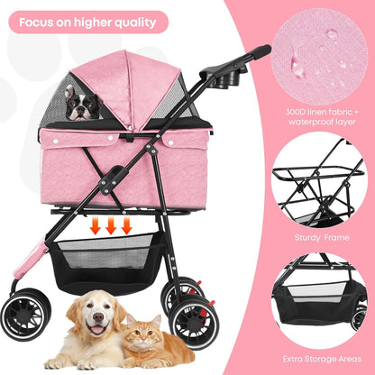 Pet Stroller,Dog Stroller for Small Medium Dogs Cats,3 Wheels,Foldable,with Breathable Mesh