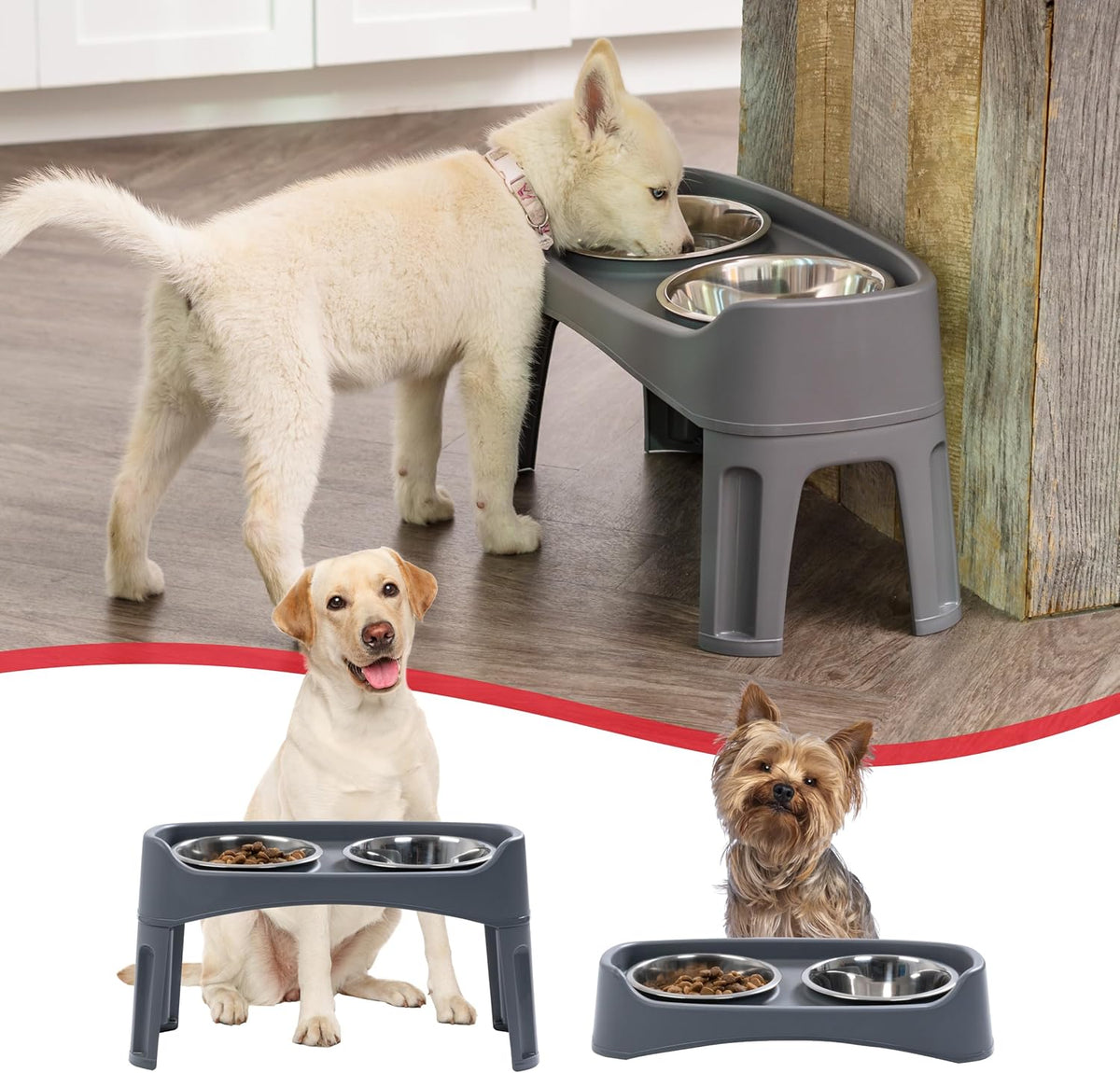 IRIS USA Elevated Dog Bowls, Adjustable Height, 2 Thick 64 oz Stainless Steel Bowls, Spill-Proof