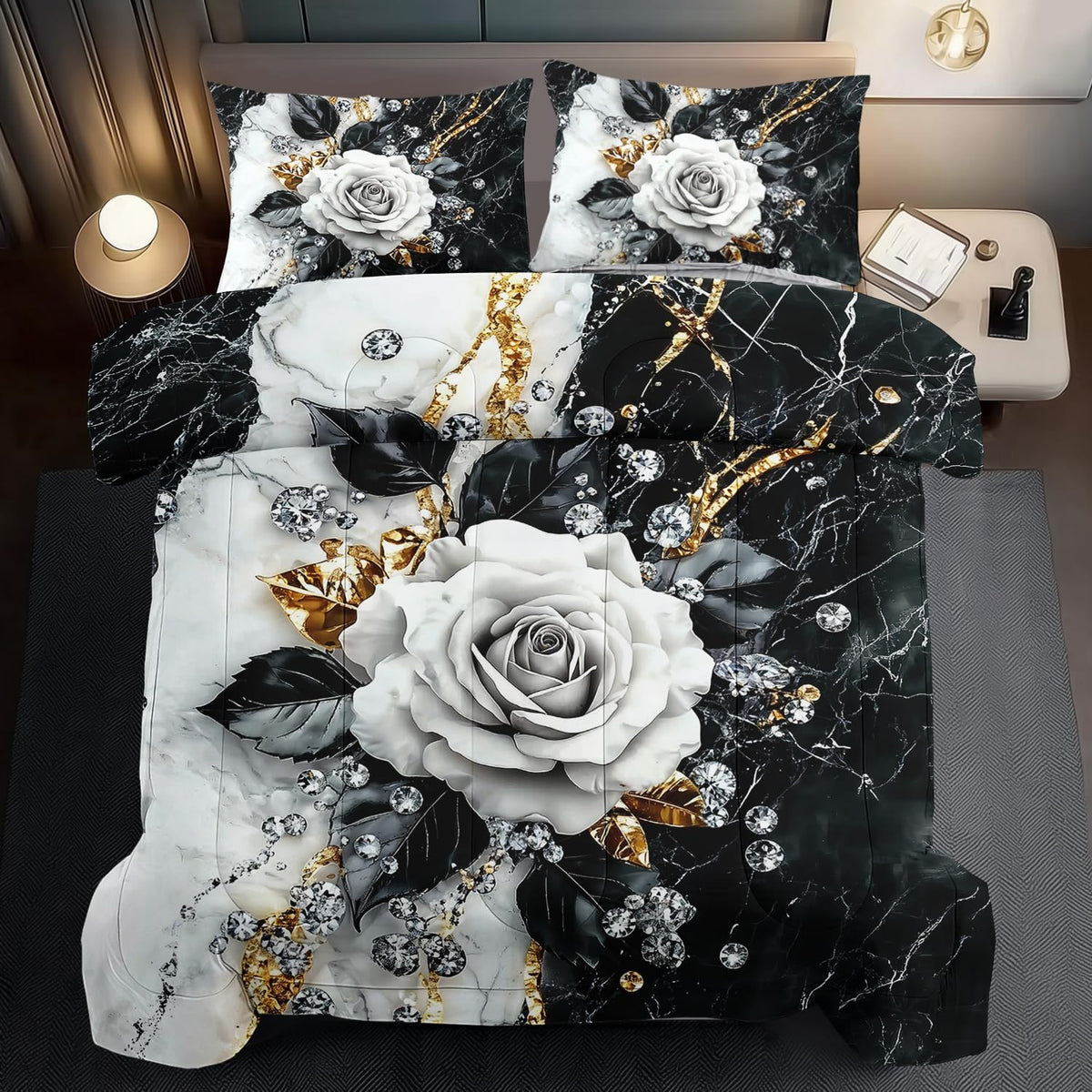 Marble Floral Comforter Set for King Bed Women,Vintage Flower Bedding Set King,White and Black