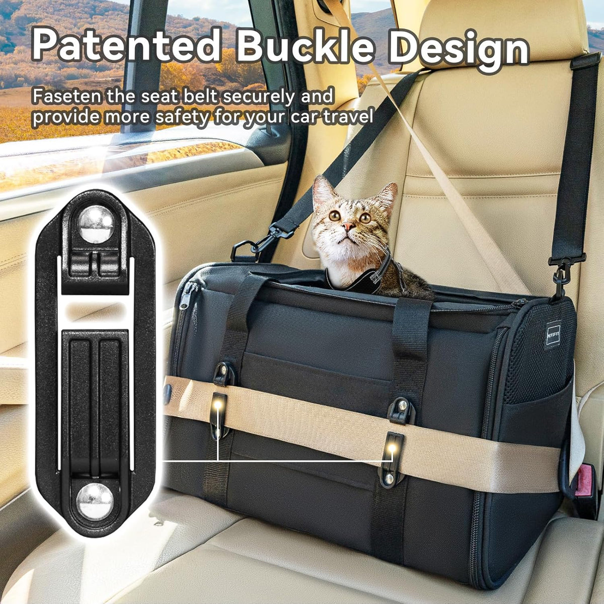 PETSFIT Soft-Sided Cat Carriers & Car Seats with Patent Safe Buckles, Clip-On Harness, 18"x11"x11"