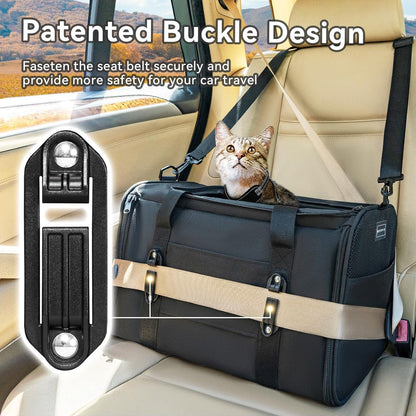 PETSFIT Soft-Sided Cat Carriers & Car Seats with Patent Safe Buckles, Clip-On Harness, 18"x11"x11"