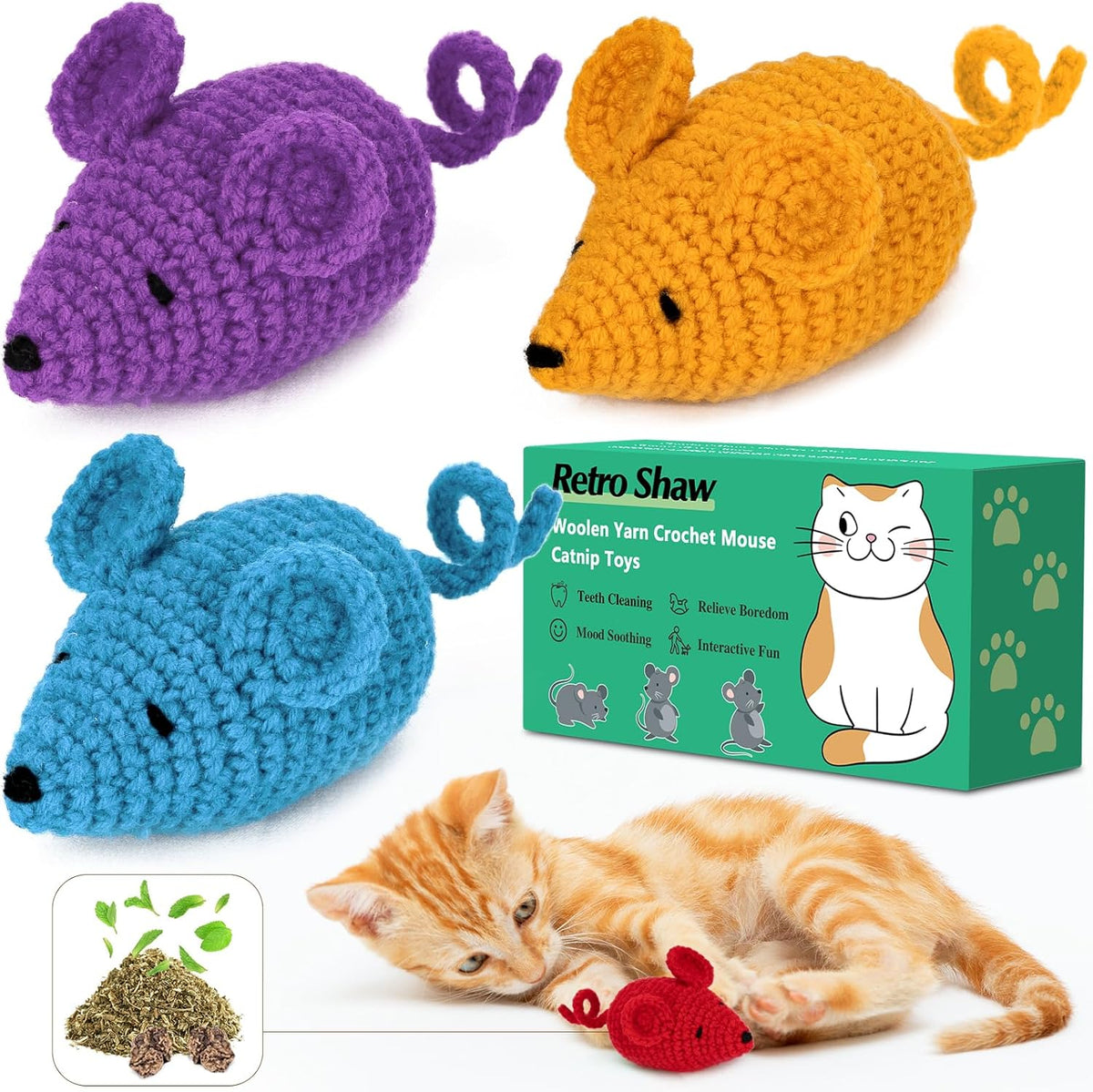 Retro Shaw Catnip Toys Crochet Mice Cat Toys,3 Pcs Yarn Cat Nip Mouse Animals Toy,Safe Teeth