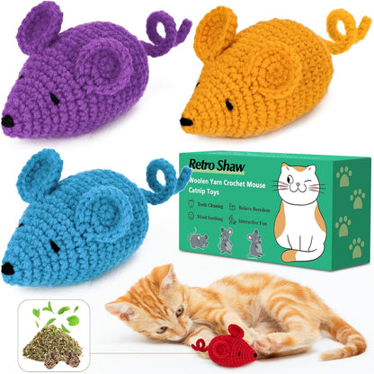 Retro Shaw Catnip Toys Crochet Mice Cat Toys,3 Pcs Yarn Cat Nip Mouse Animals Toy,Safe Teeth