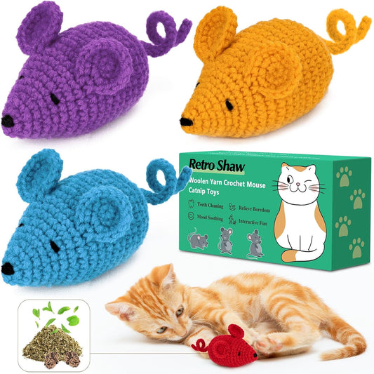 Retro Shaw Catnip Toys Crochet Mice Cat Toys,3 Pcs Yarn Cat Nip Mouse Animals Toy,Safe Teeth