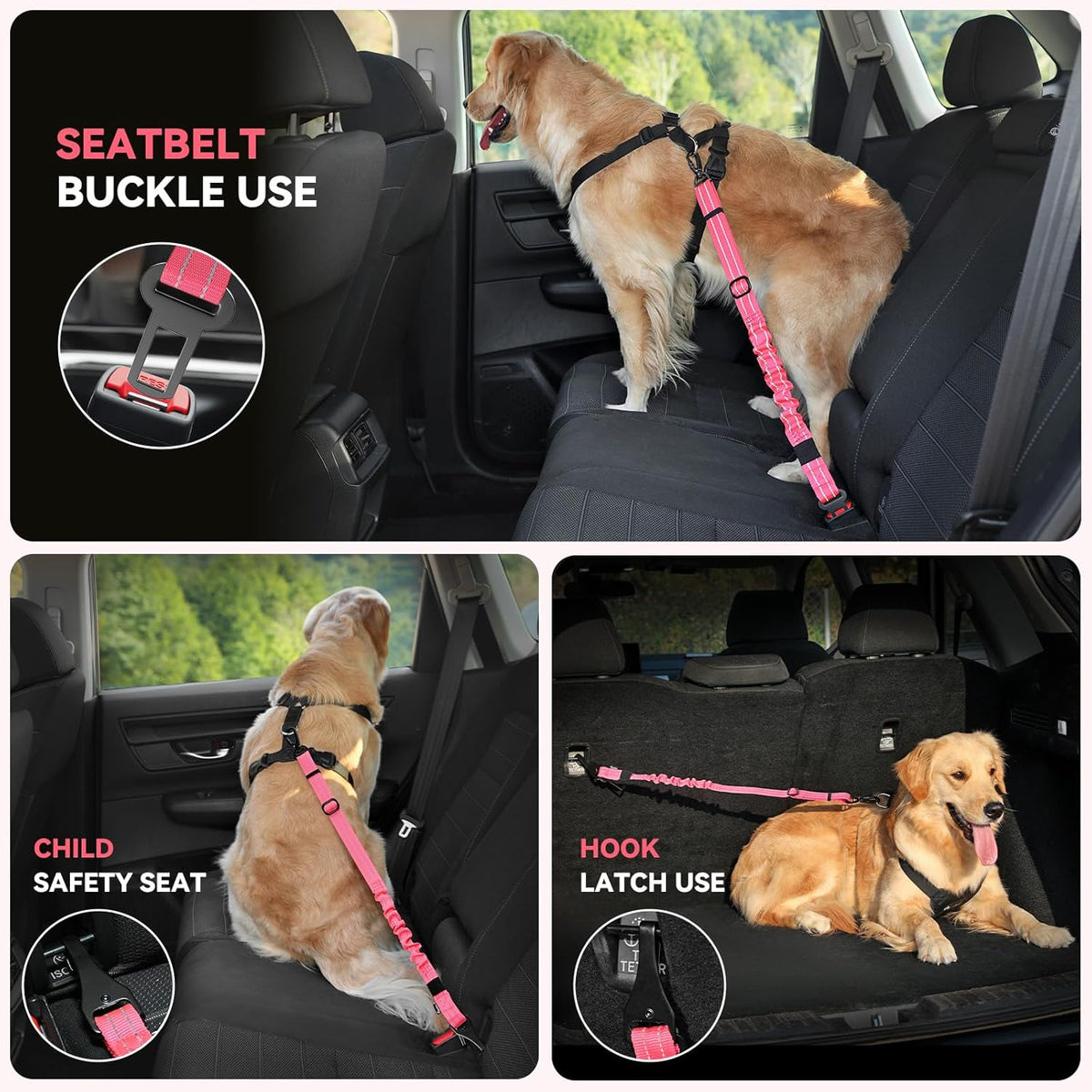 Pawaboo 2Pack Dog Seatbelt for Car, 3-in-1 Dog Car Seat Belt Bungee, Shockproof Dog Tether for Car