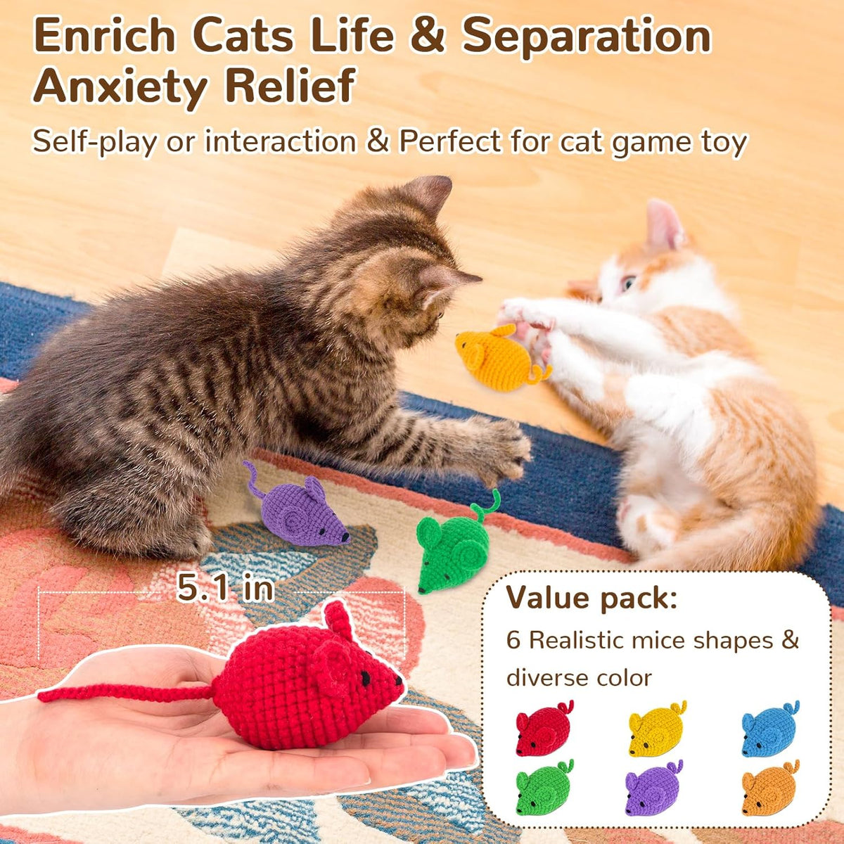Retro Shaw Catnip Toys Crochet Mouse, 6 Pcs Yarn Cat Nip Mice Safe Teeth Cleaning Chew Toy for