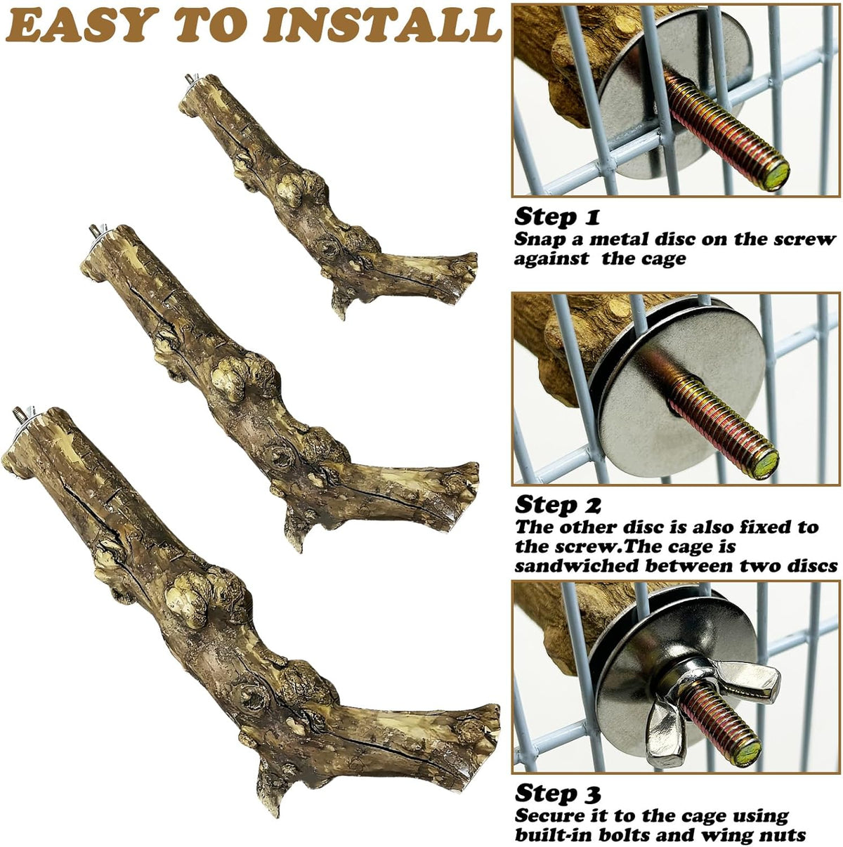 PINVNBY 3 Sizes Natural Bird Perches Wooden Parakeet Perches Bird Perches for Cage Parrot Chewing