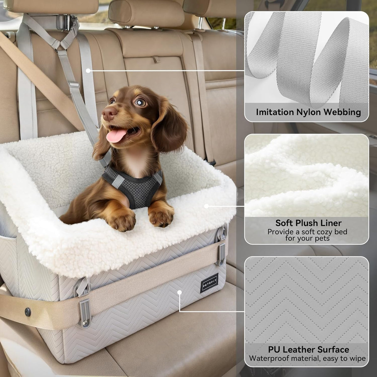 PETSFIT Small Dog Car Seat, Waterproof PU Leather Dog Booster Car Seat with Patented Safe Buckles